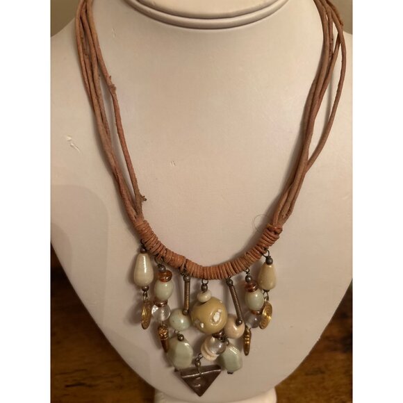 Boho Babe Chunky Bead Tassel Necklace Suede Cord & Tribal Vibe Gold Tone Pendant - Picture 6 of 14